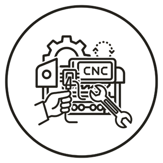 Icono circular de maquina con etiqueta cnc, mano pulsando boton y llave; alude a montaje y reparacion de controles numericos