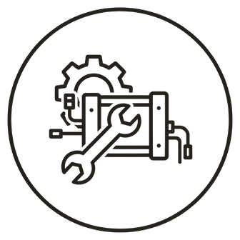 Icono circular en trazo negro de motor con control, engranaje y llave inglesa, alusivo a reparacion y montaje