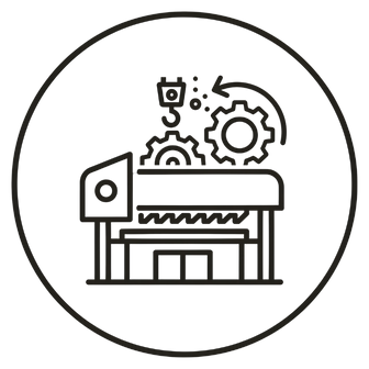 Icono circular en trazo negro de maquina con engranajes y llave, alusivo a montaje y puesta en marcha