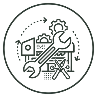 Icono circular en trazo negro de maquina con engranajes y dos llaves cruzadas, alusivo a reparacion y modificacion de maquinaria de aserradero